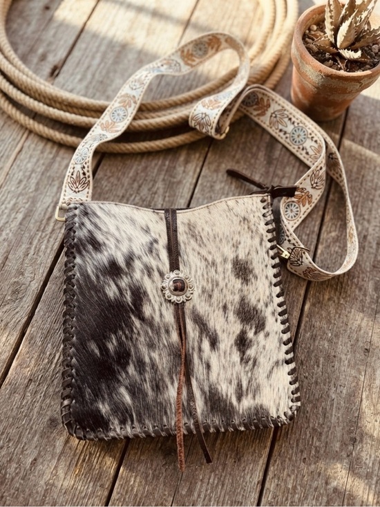 Handbags - Western Genuine Hair On Cowhide Leather Crossbody Bag Tooled Strap Boho